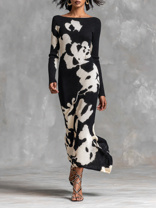 Vestido maxi blanco de punto jacquard con cuello barco