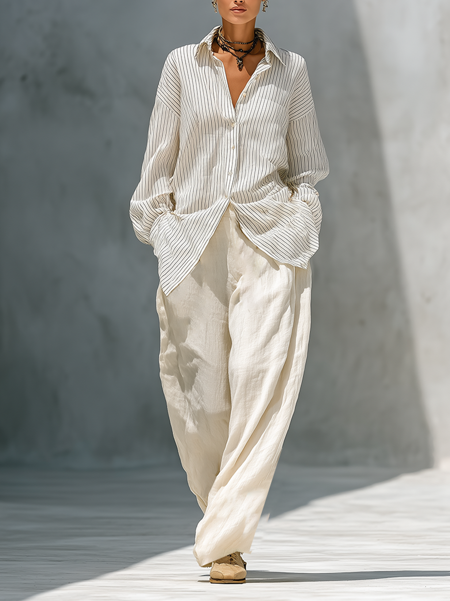 Off Blanco Stripe Cotton Blend Two Piece Matching Conjunto With Oversize Manga larga Camisa & Cintura alta Pierna ancha Pantalón, Minimalista Vacation Holgado Fit Co-Ord Outfit