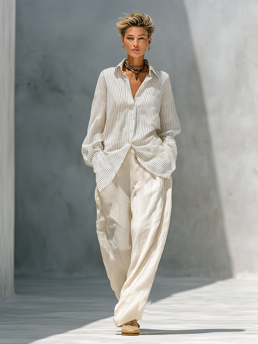 Off Blanco Stripe Cotton Blend Two Piece Matching Conjunto With Oversize Manga larga Camisa & Cintura alta Pierna ancha Pantalón, Minimalista Vacation Holgado Fit Co-Ord Outfit