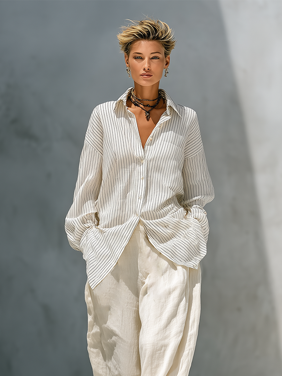 Off Blanco Stripe Cotton Blend Two Piece Matching Conjunto With Oversize Manga larga Camisa & Cintura alta Pierna ancha Pantalón, Minimalista Vacation Holgado Fit Co-Ord Outfit