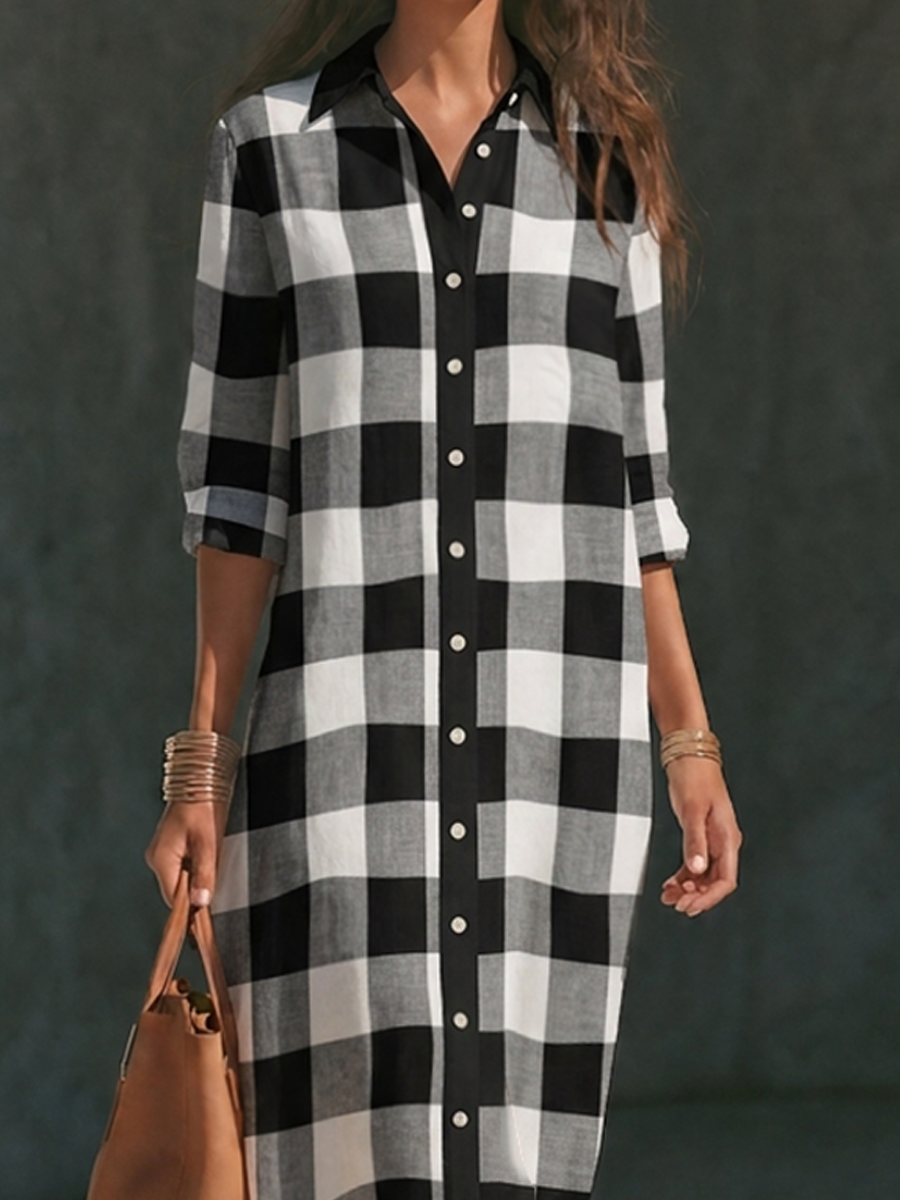 Negro & Blanco Buffalo Check Linen Long Chalecoido camisero