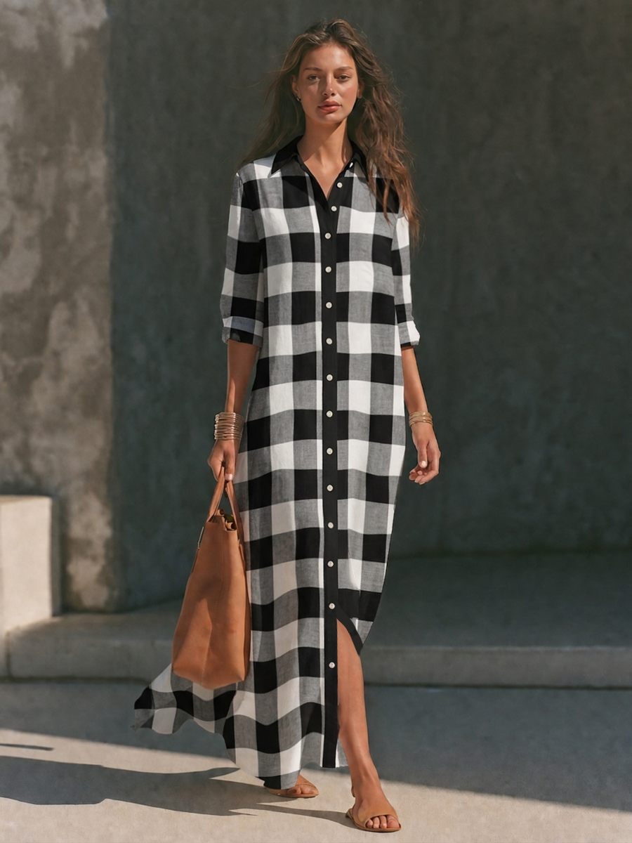 Negro & Blanco Buffalo Check Linen Long Chalecoido camisero
