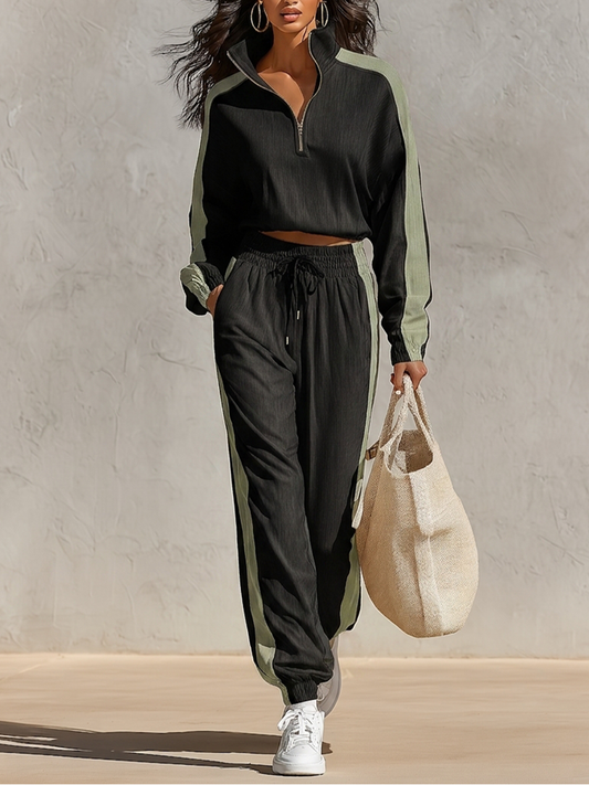 Conjunto negro y verde: top con panel en contraste y jogger