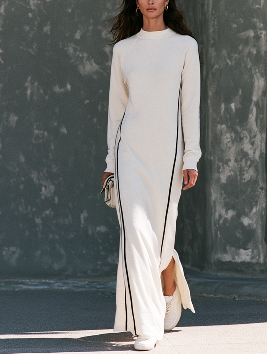 Vestido maxi blanco tipo sudadera con cuello redondo
