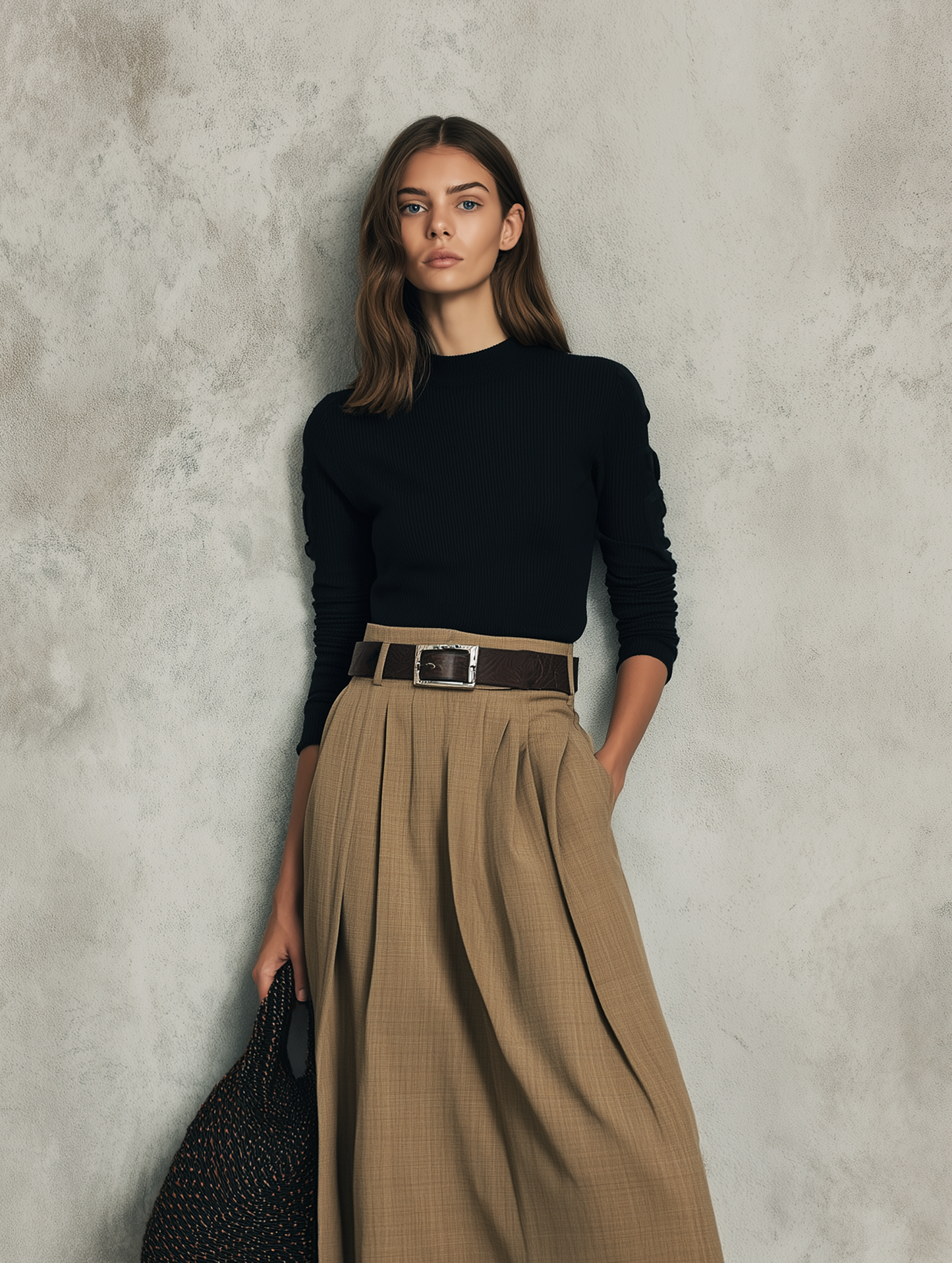 Negro Elástico Knit Long-sleeve Top Paired With A Marrón Woven Falda (belt Not Included)