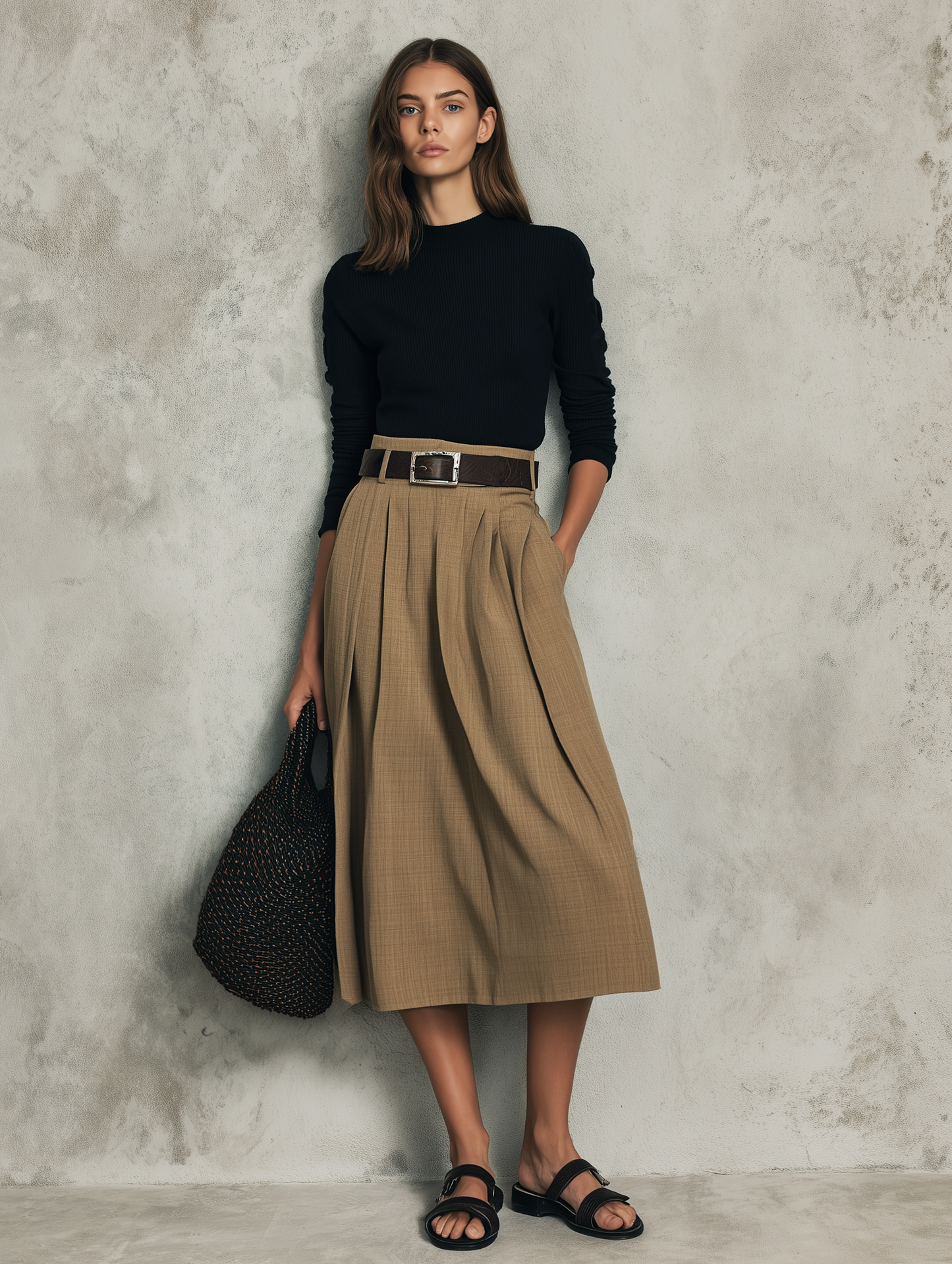 Negro Elástico Knit Long-sleeve Top Paired With A Marrón Woven Falda (belt Not Included)