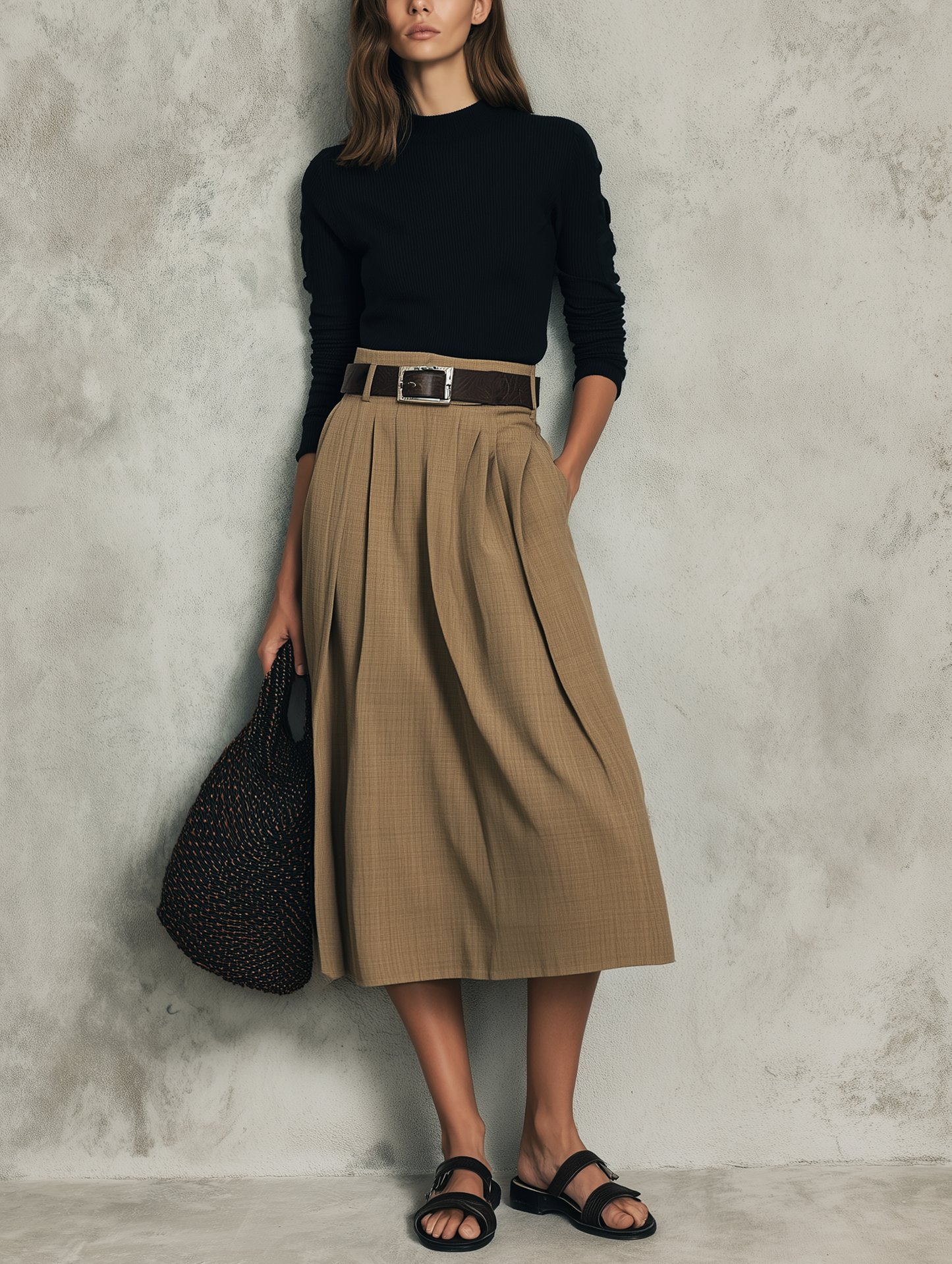 Negro Elástico Knit Long-sleeve Top Paired With A Marrón Woven Falda (belt Not Included)