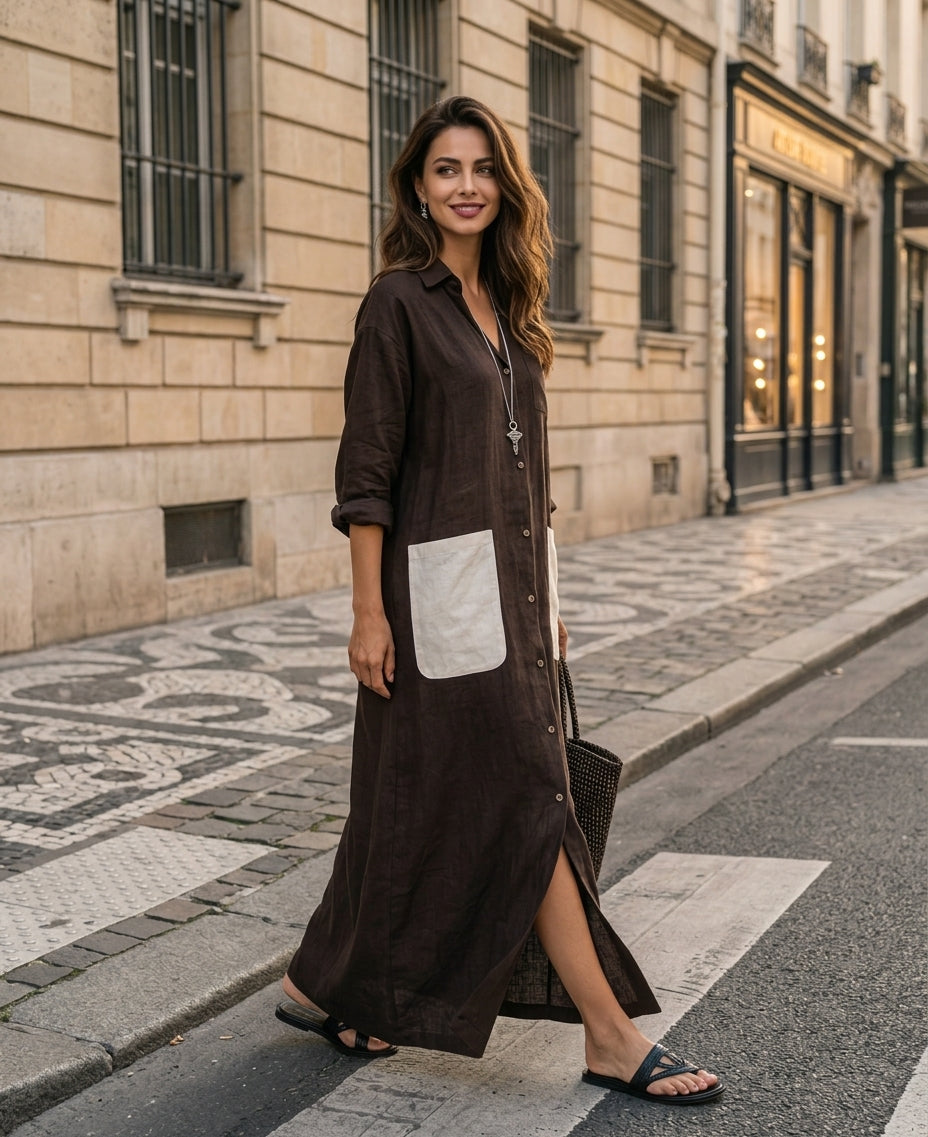 Casual Marrón Cotton-Linen Escote en V Manga larga Chalecoido camisero