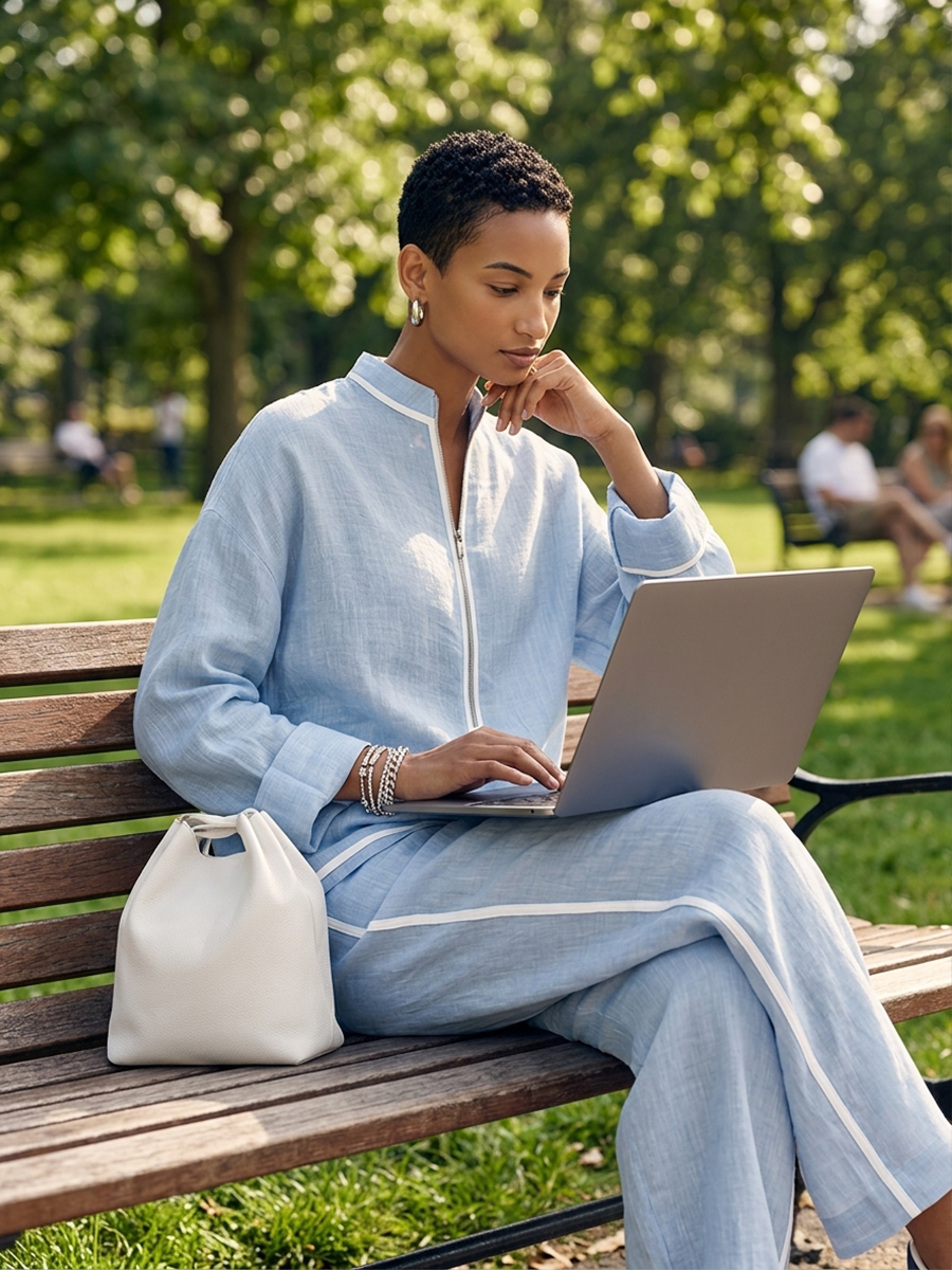 Light‑Azul Linen Fabric Stand‑Collar Half‑con cremallera Oversize Top & Wide‑Leg Pantalón Conjunto