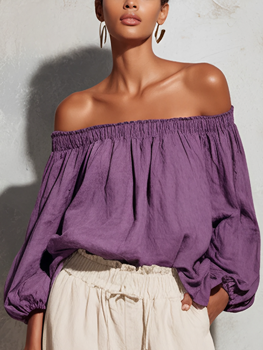 Casual Style Morado Cotton And Linen Off-shoulder Long Lantern Sleeve Top