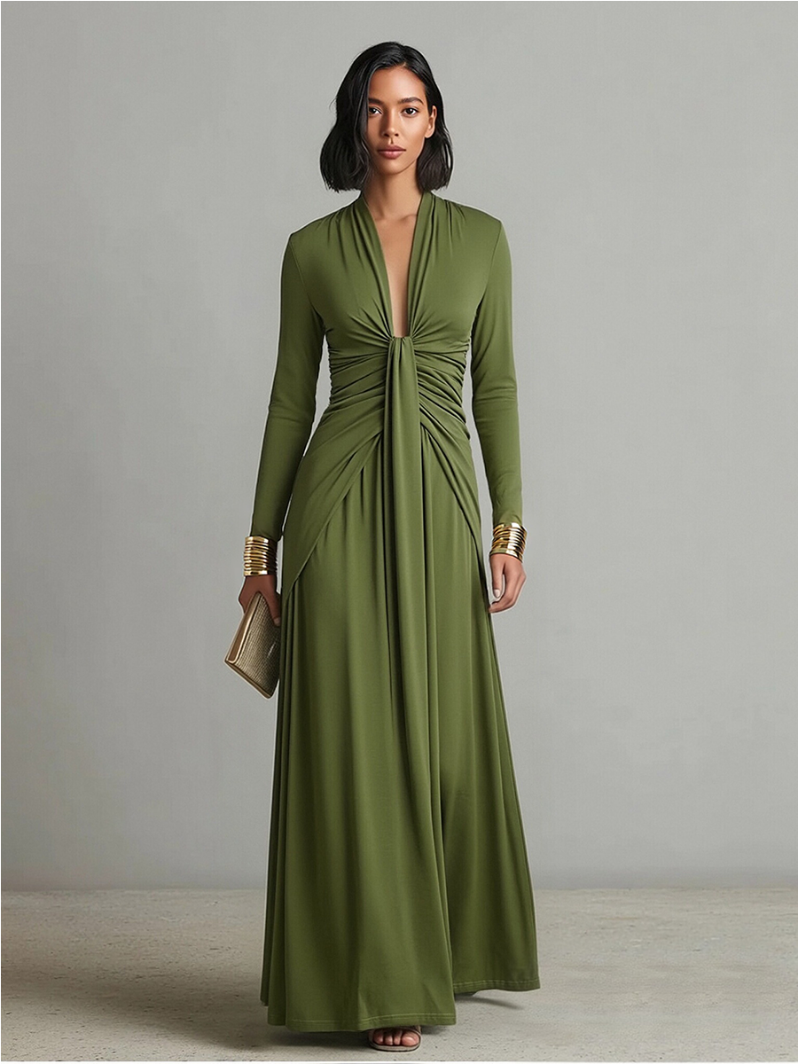 Olive Silky Elásticoy Dress With Deep Escote en V & Ruched Detail, Glamorous Chalecoido maxi