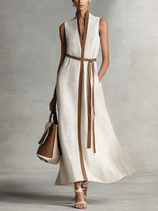 Vestido midi blanco y marrón con escote en V