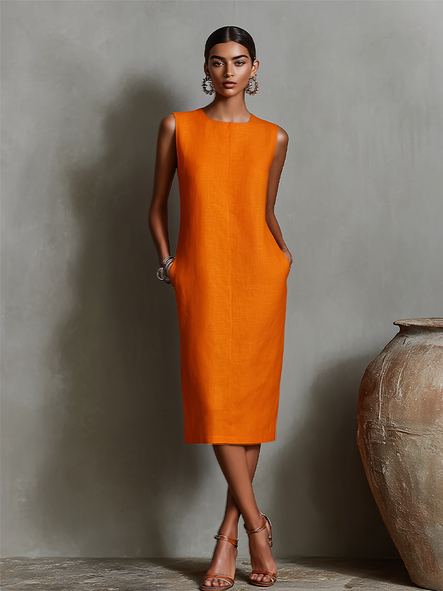 Naranja Linen Shift Dress With Sin mangas Cuello redondo & Side Pockets, Timeless Minimalista-Elegante Style Dress