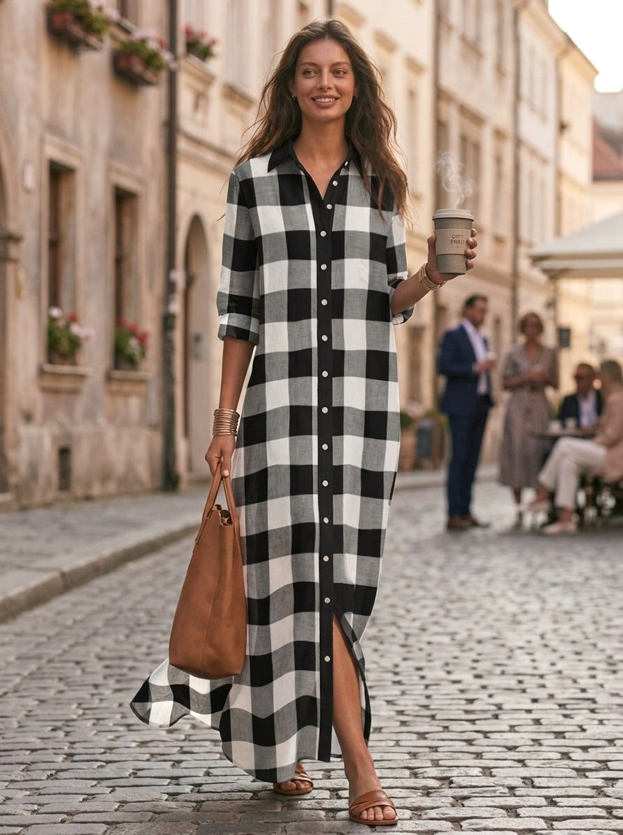 Negro & Blanco Buffalo Check Linen Long Chalecoido camisero