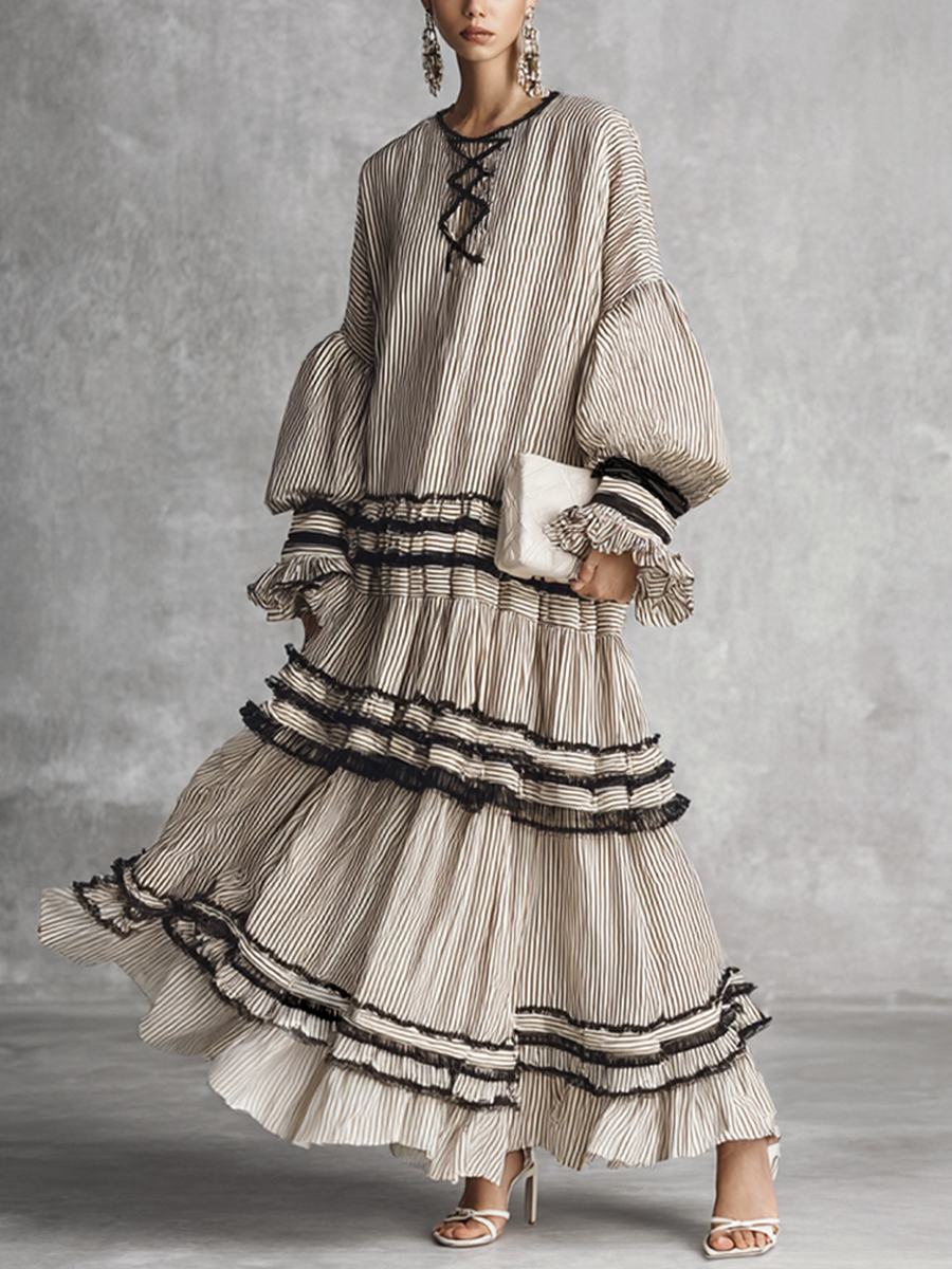 Boho Striped Volante Tiered Cotton Blend Manga larga Chalecoido maxi