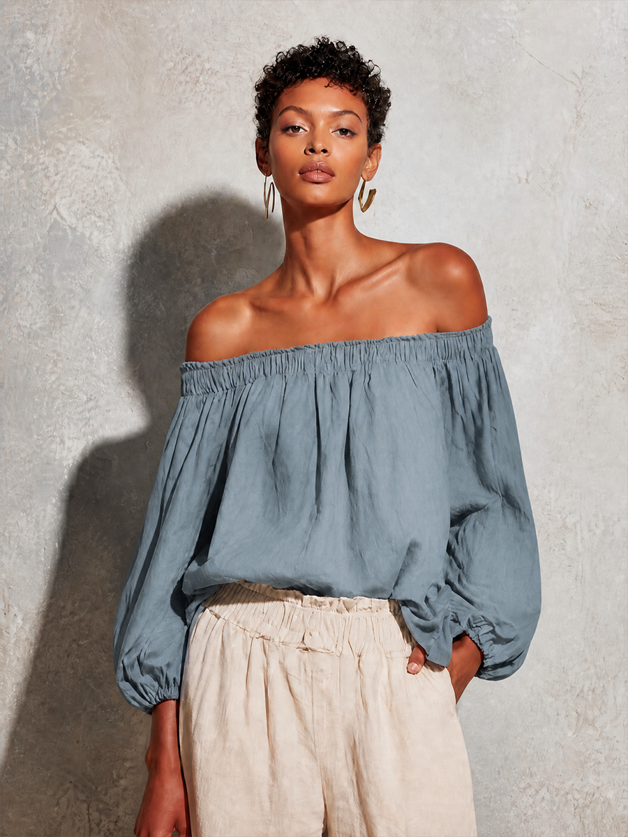Casual Style Morado Cotton And Linen Off-shoulder Long Lantern Sleeve Top