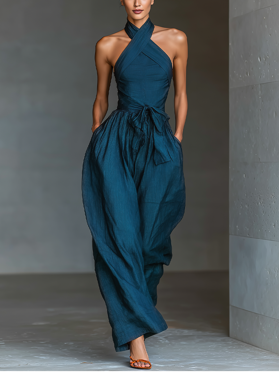 Azul marino Linen Fabric Cross Halter Pierna ancha Mono With Cintura ajustable & Side Pockets