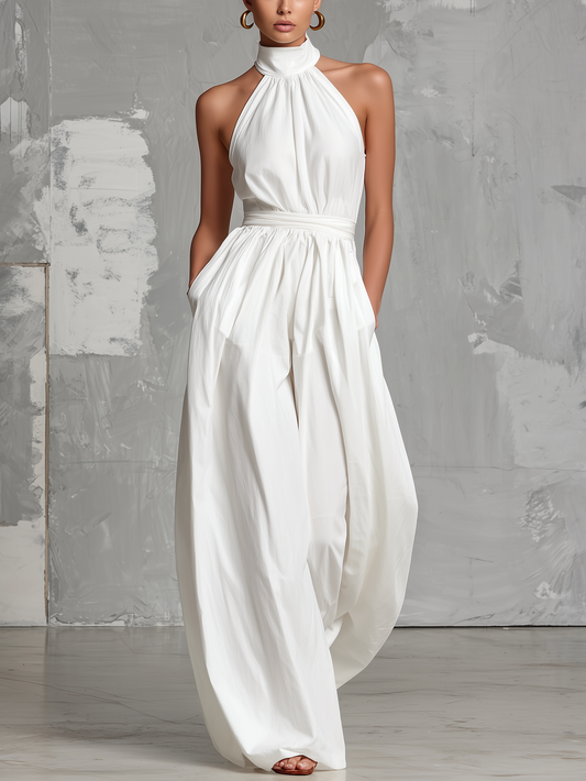 Elegante Blanco Woven Sin mangas Halter-neck Mono