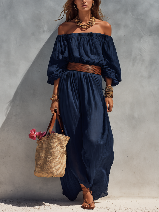 Casual Azul oscuro Cotton Linen Palabra de honor Manga larga Dress (belt Not Included)