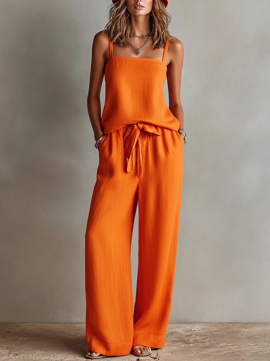 Naranja Linen Two-Piece Conjunto With Square Neck Cami Top & Tie-Waist Pierna ancha Pantalón, Timeless Boho-Resort Style Conjunto