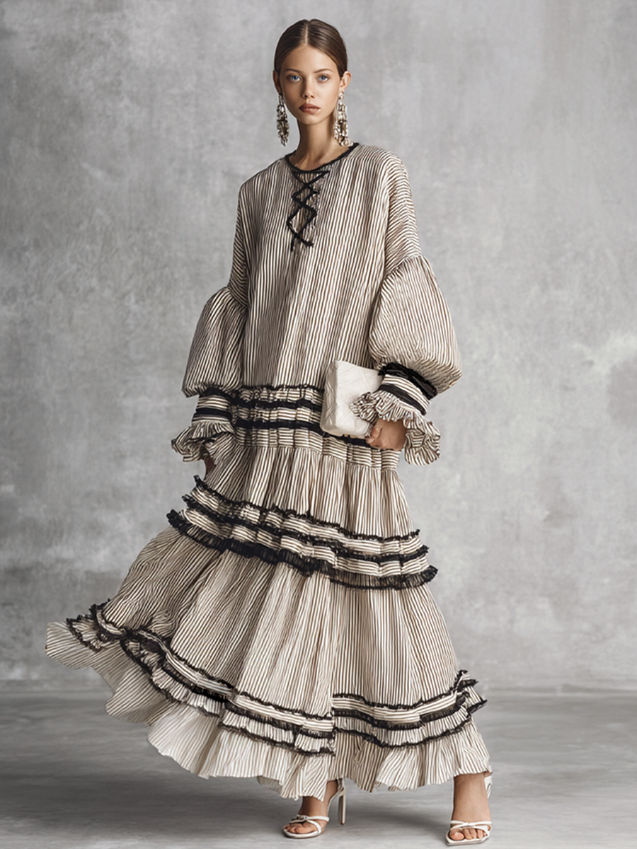 Boho Striped Volante Tiered Cotton Blend Manga larga Chalecoido maxi