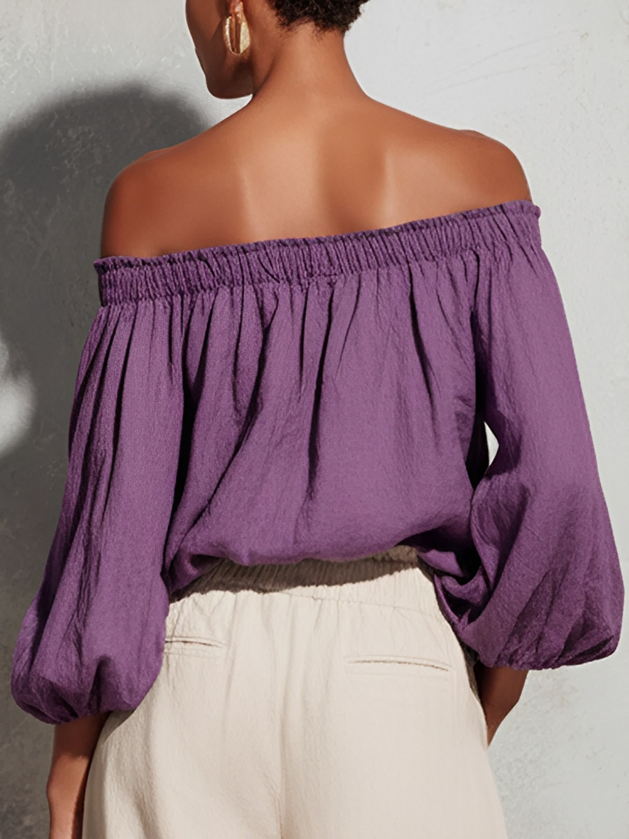 Casual Style Morado Cotton And Linen Off-shoulder Long Lantern Sleeve Top