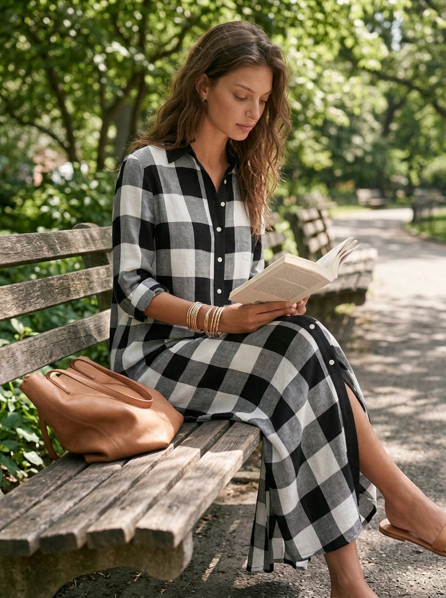 Negro & Blanco Buffalo Check Linen Long Chalecoido camisero