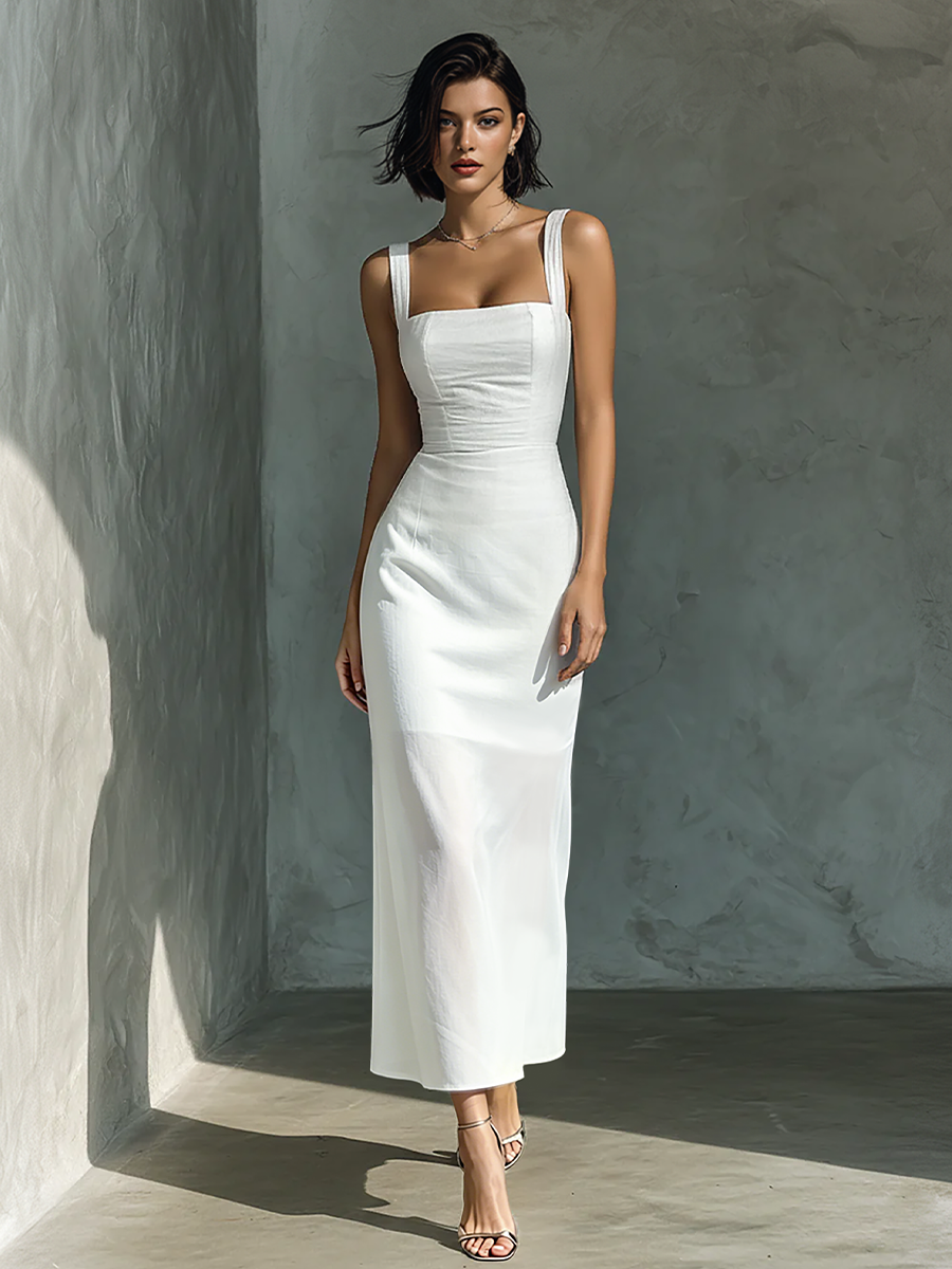 Simple Blanco Cotton And Linen Blend Sin mangas Chalecoido midi