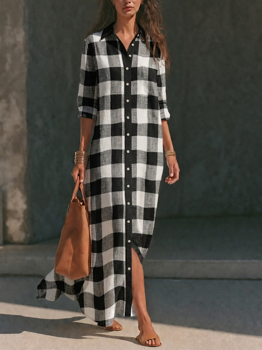 Vestido camisero largo de cuadros negro y blanco