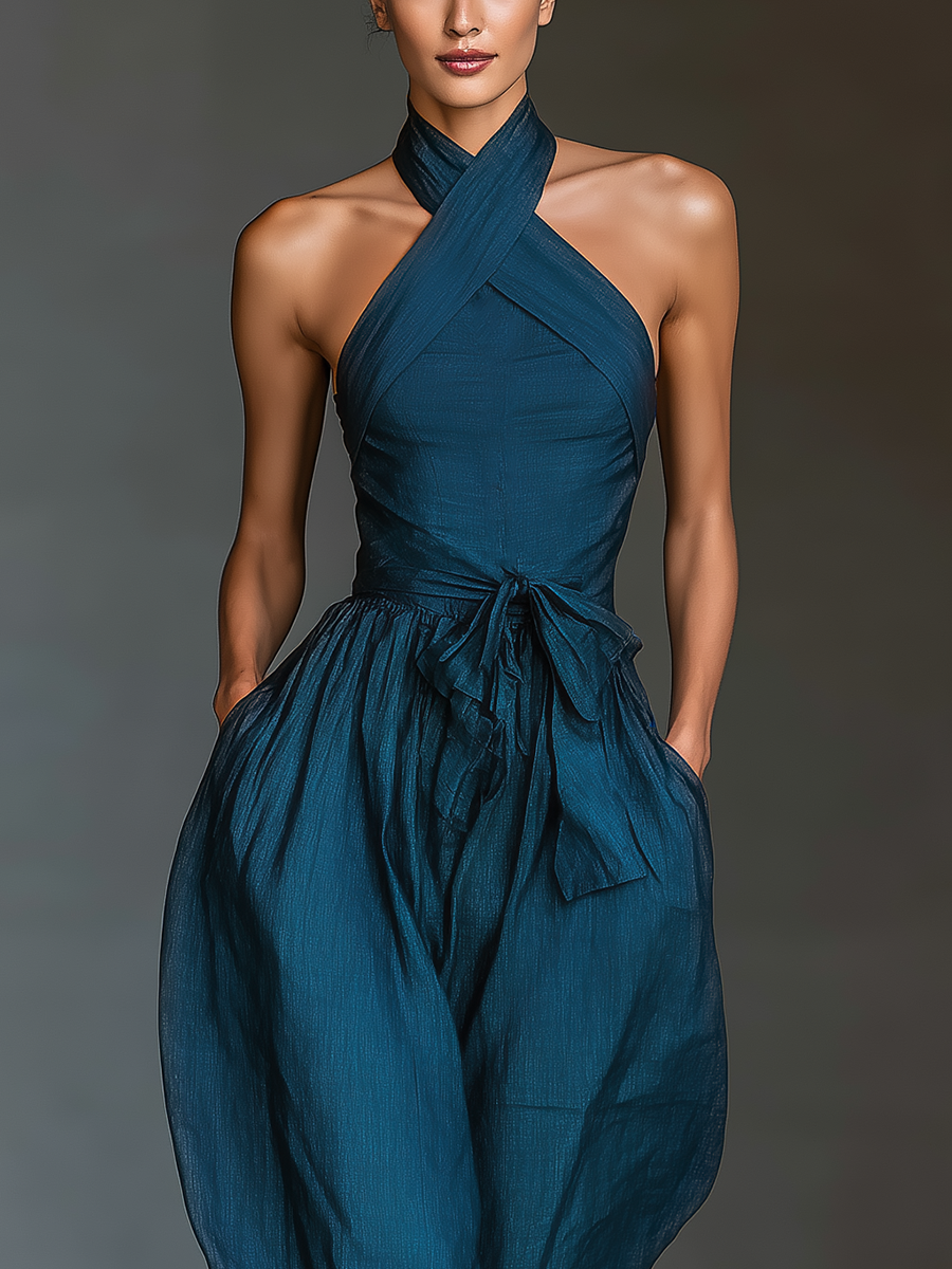 Azul marino Linen Fabric Cross Halter Pierna ancha Mono With Cintura ajustable & Side Pockets