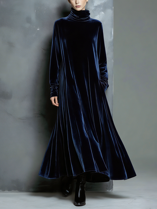 Elegante Azul marino Velvet High-neck Manga larga Holgado Chalecoido maxi