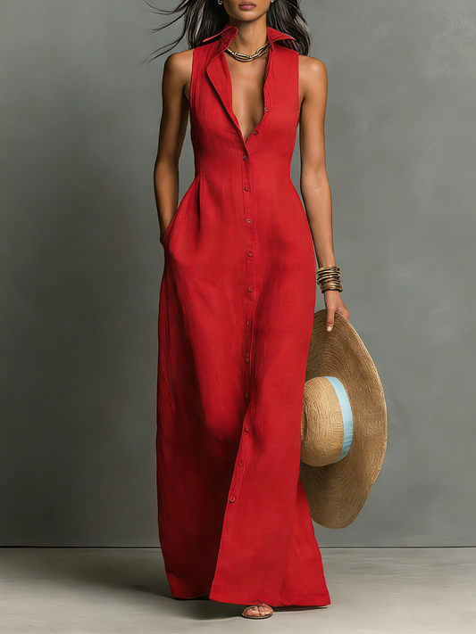 Vestido camisero maxi de lino minimalista sin mangas