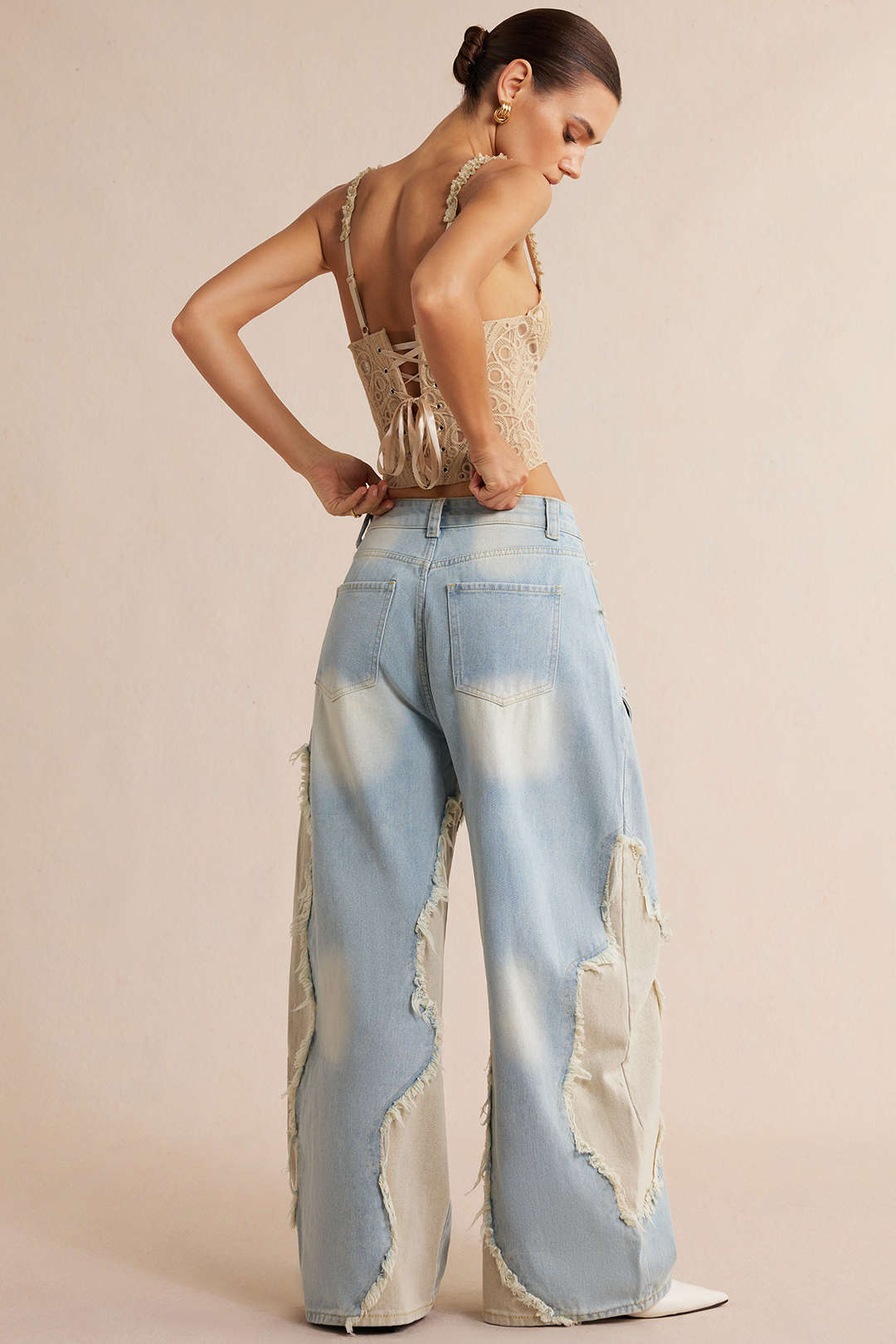 Denim Patchwork Frayed Rivets Barrel Leg Jeans
