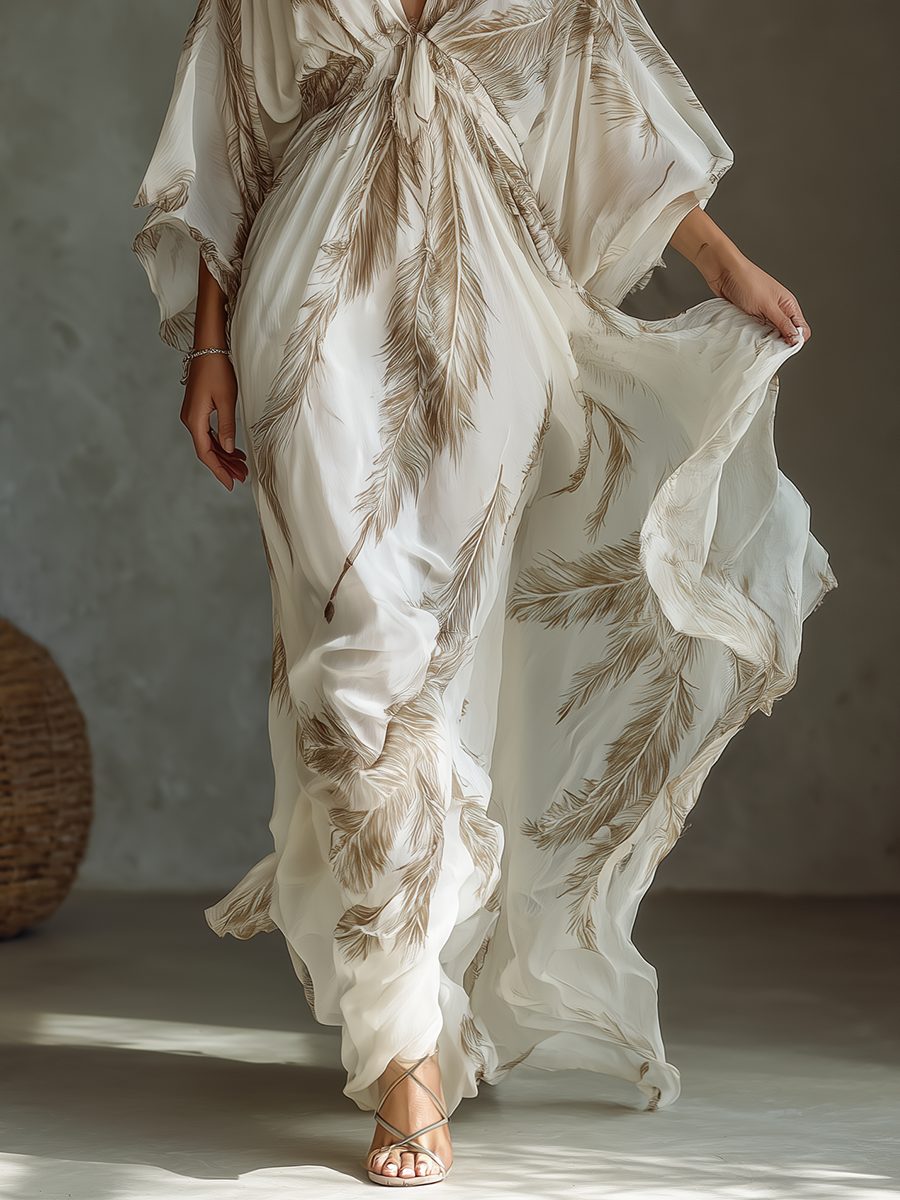 Marfil And Taupe Chiffon Fabric Dolman Sleeve Chalecoido maxi With Twist Front & Palm Leaf Print