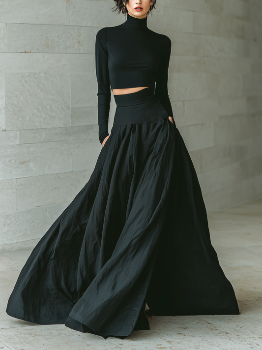 Eleganteable And Elegante Negro Fitted Cuello alto Manga larga Cropped Top Paired With A Negro Long Falda