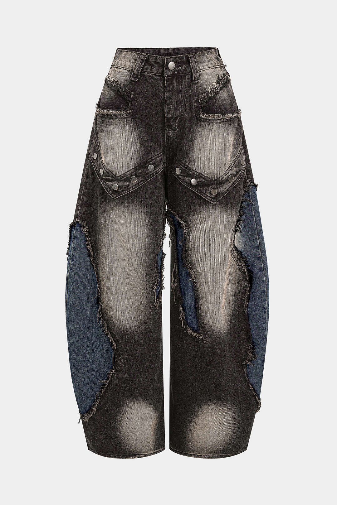 Denim Patchwork Frayed Rivets Barrel Leg Jeans