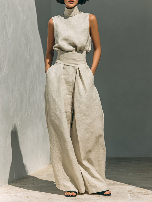 Conjunto minimalista de algodón y lino: blusa y pantalón ancho