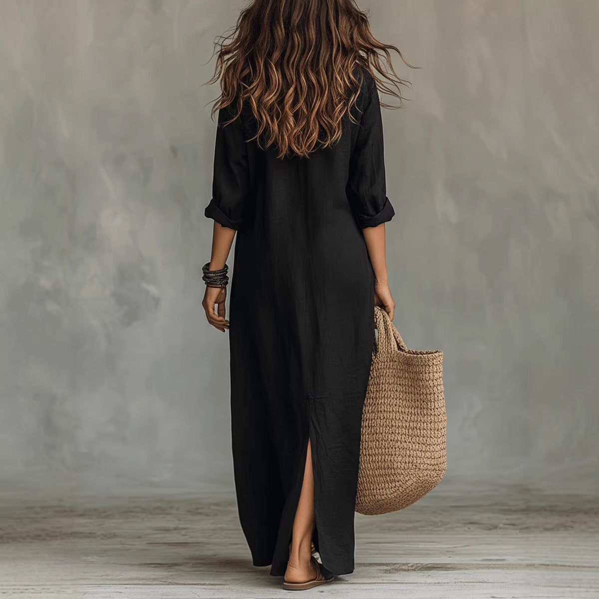 Céline | Vestido largo negro de corte holgado con botones delanteros