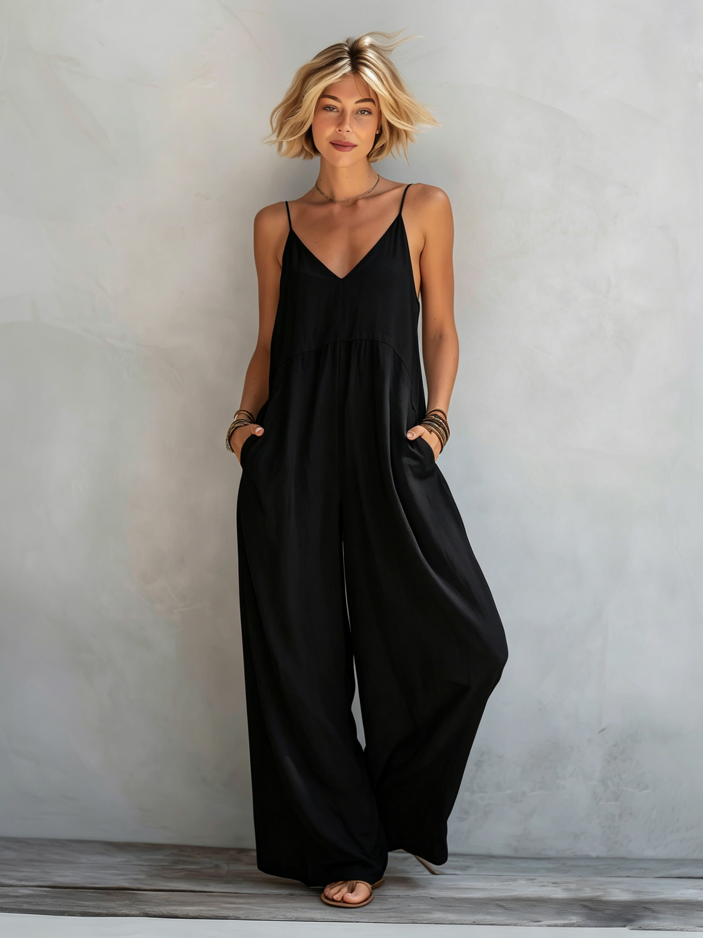 Casual Blanco Cotton-lino Blend Sin mangas Holgado Mono