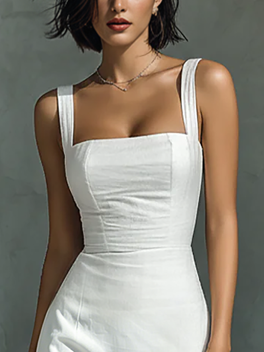 Simple Blanco Cotton And Linen Blend Sin mangas Chalecoido midi