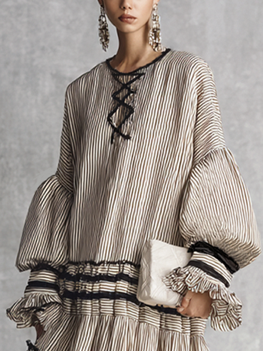 Boho Striped Volante Tiered Cotton Blend Manga larga Chalecoido maxi