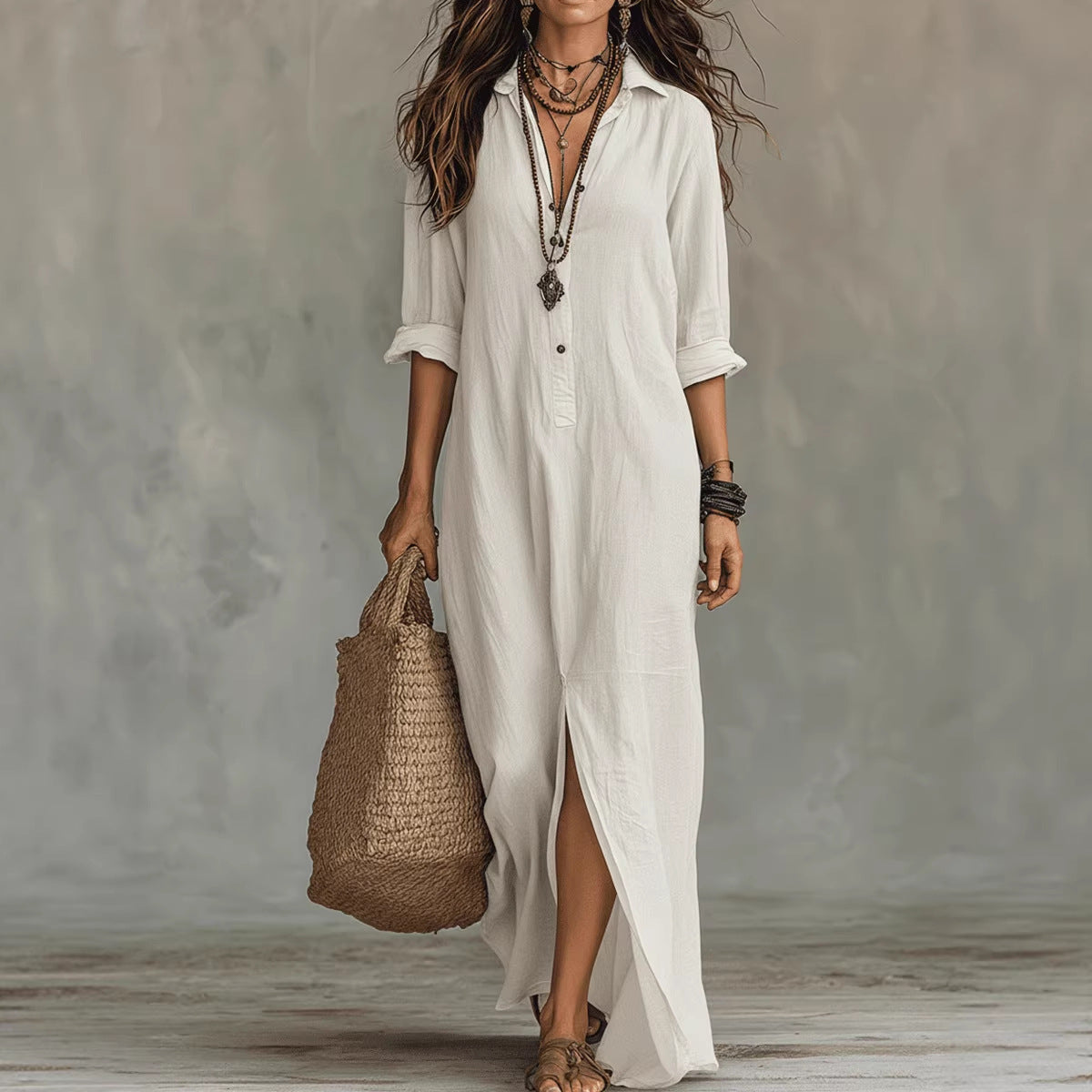 Céline | Vestido largo negro de corte holgado con botones delanteros