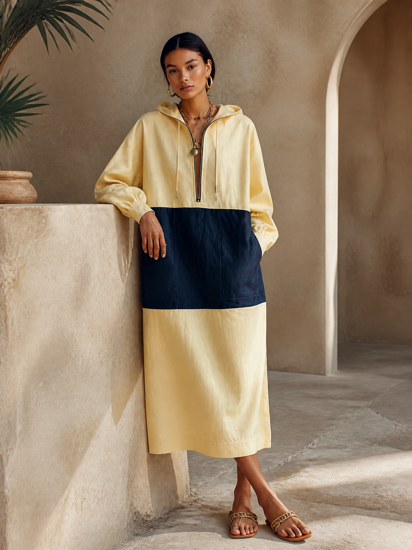 Minimal Casual Pale Amarillo Spliced Navy Cotton Blend Half con cremallera con capucha Manga larga Chalecoido midi