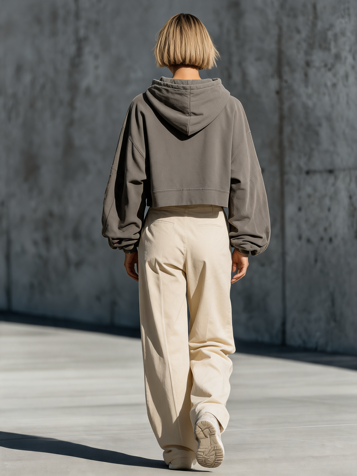 Vintage Gris Crisscross Encaje Up Cropped Hoodie Oversize Manga larga Top Crema Front Seam Pierna ancha Trouser Matching Conjunto