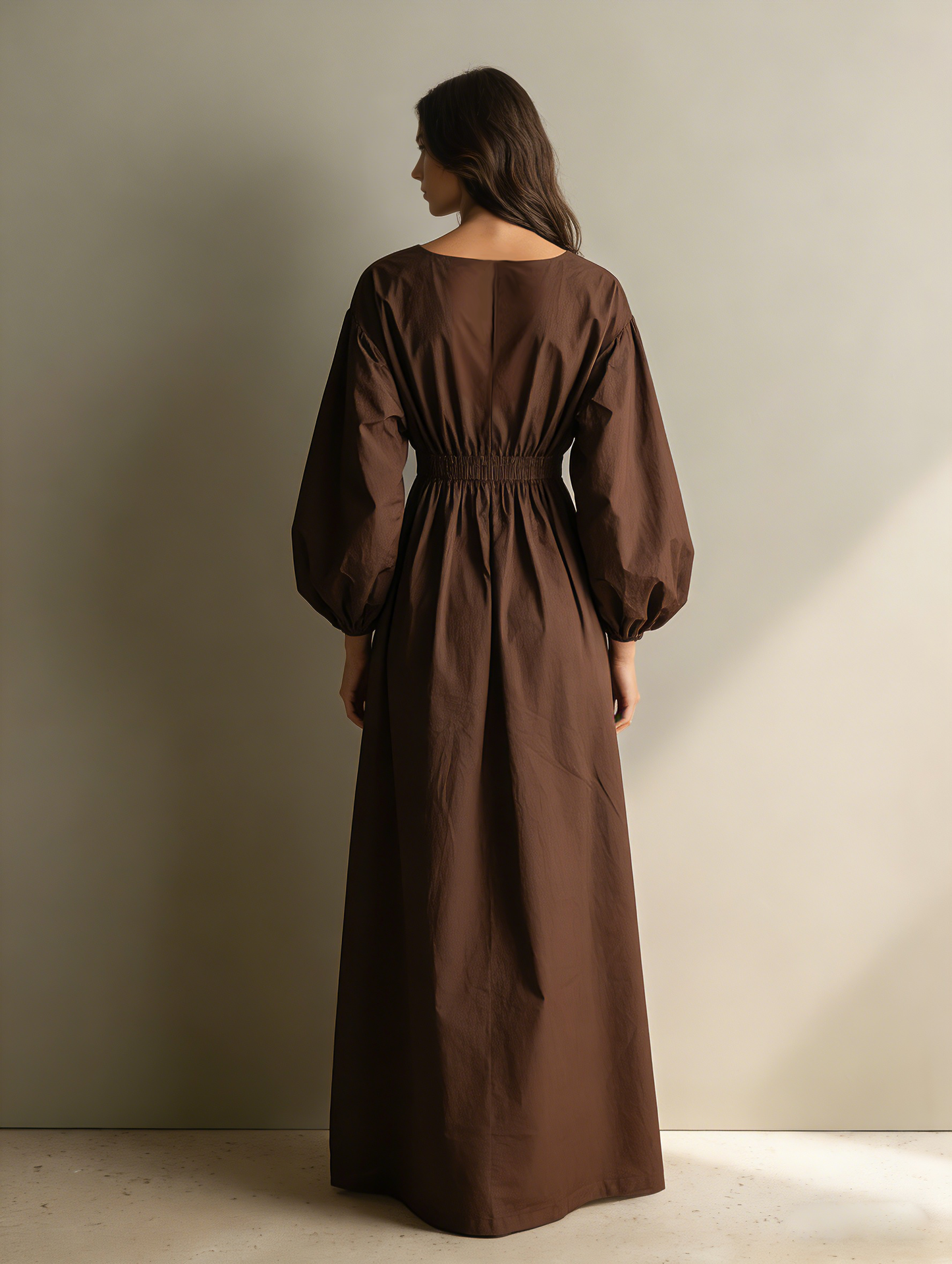 Casual Marrón Cotton And Linen Escote en V Manga larga Chalecoido maxi With Elastic Waist