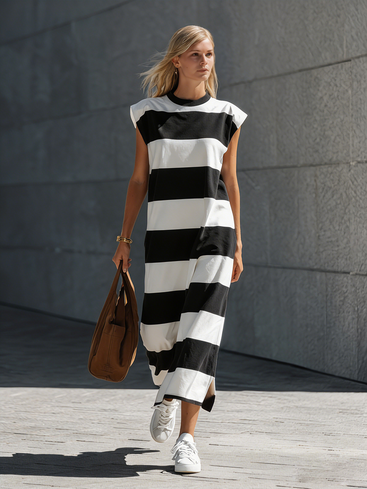 Casual Marrón & Blanco Elástico-Knit Chalecoido maxi — Cuello redondo, Sin mangas