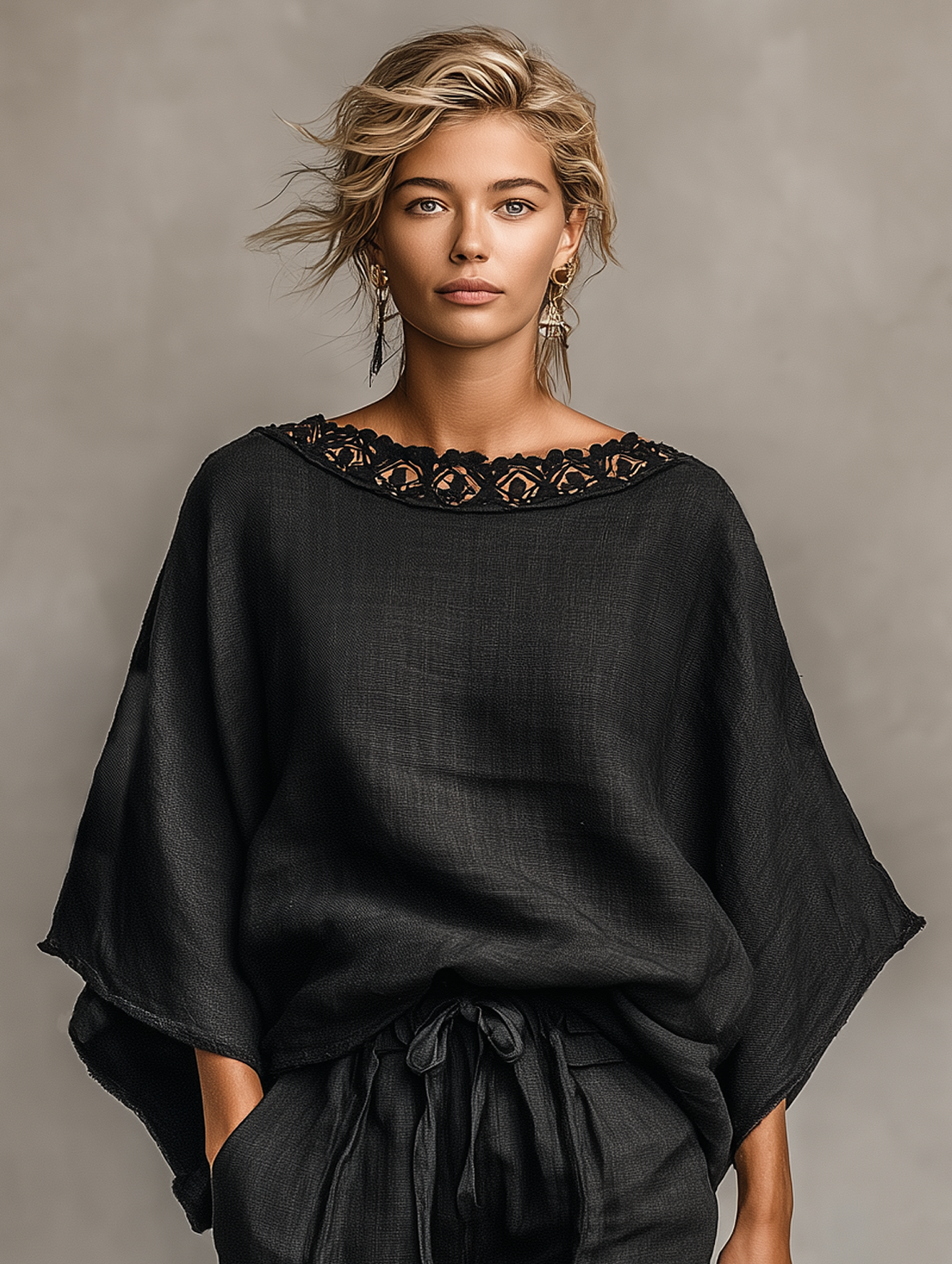 Minimalista Linen Blend Encaje Boat Neck Blusa And Shorts Conjunto