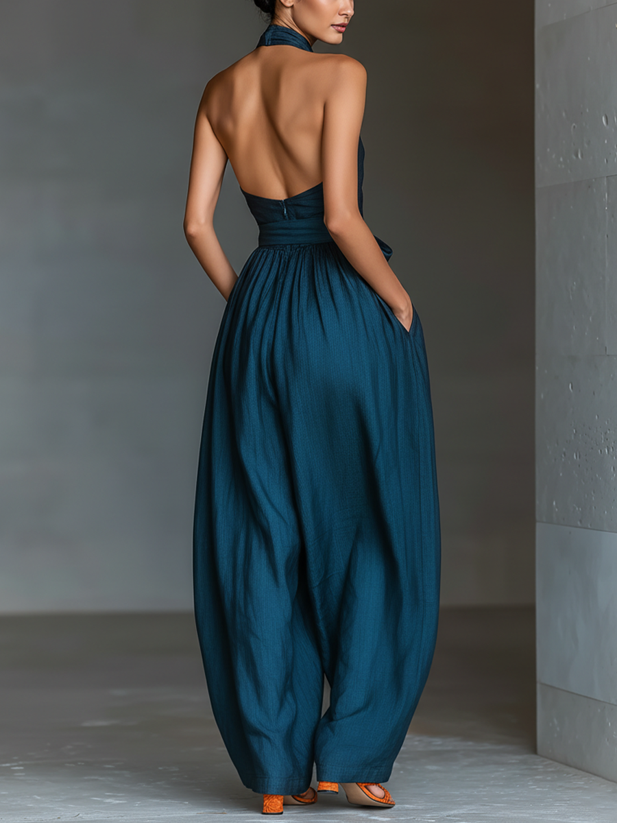 Azul marino Linen Fabric Cross Halter Pierna ancha Mono With Cintura ajustable & Side Pockets