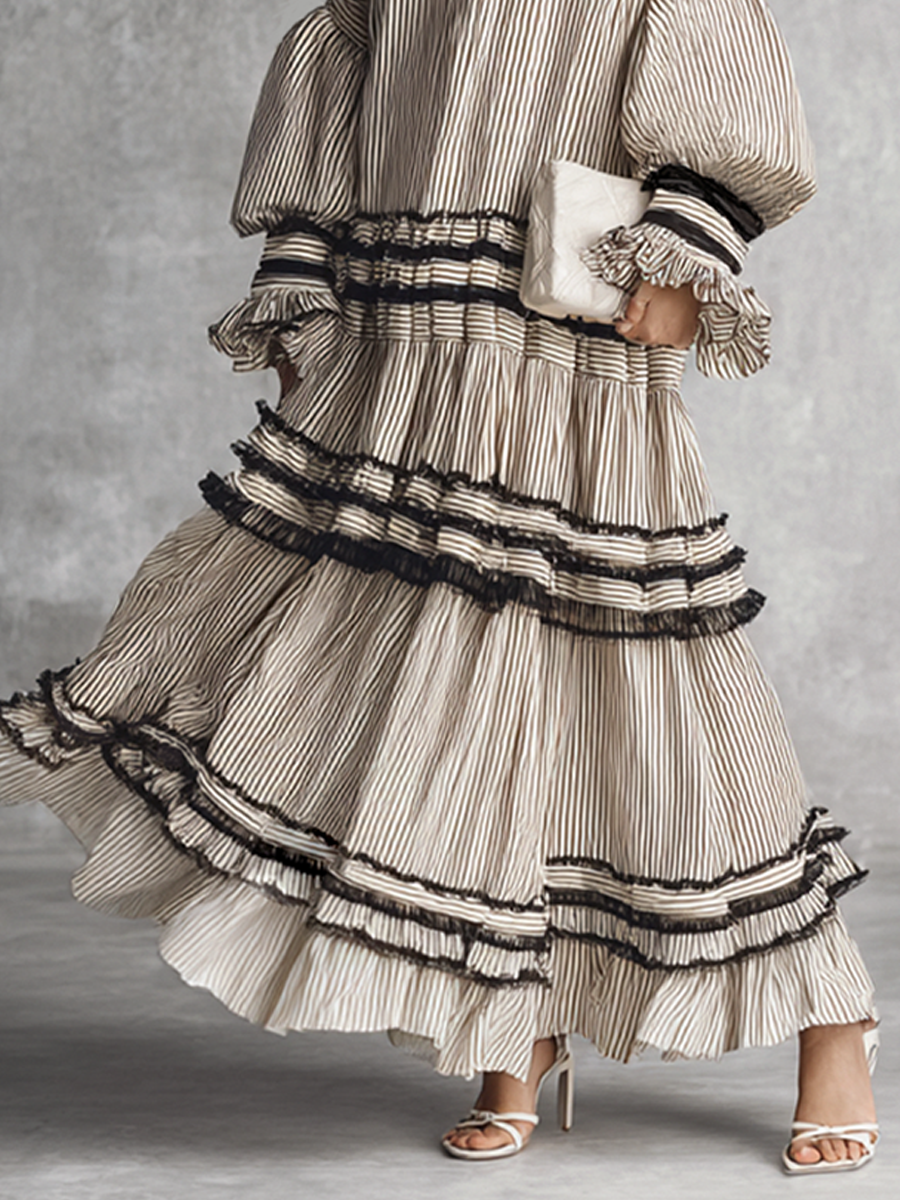 Boho Striped Volante Tiered Cotton Blend Manga larga Chalecoido maxi