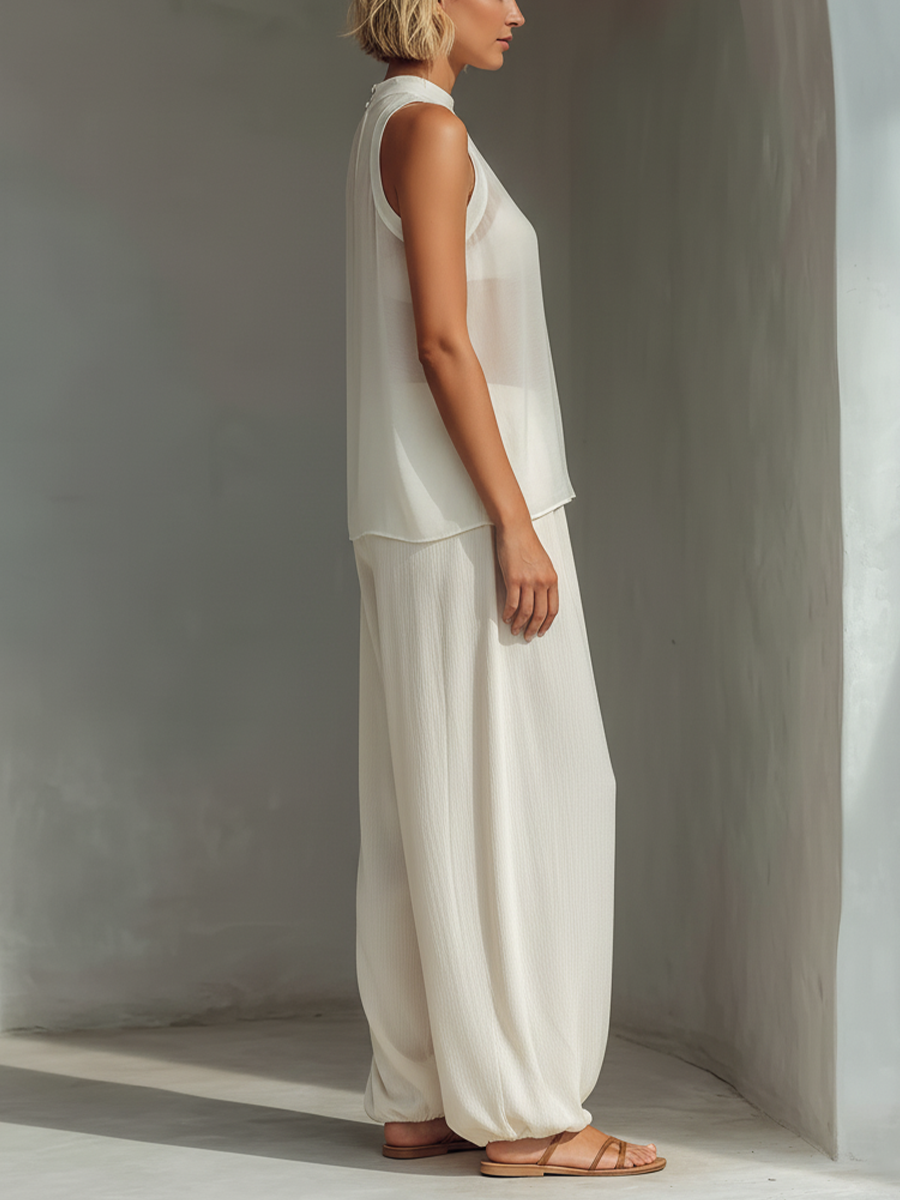 Crema Two-Piece Conjunto With Semi-sheer Chiffon Sin mangas Top & Cotton And Linen Blend Drawstring Pierna ancha Pantalón